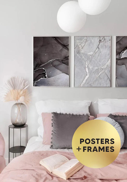 Set Of 3 Posters Grey Marble Real Silver + 3 Silver Metallic Frames 50x70cm